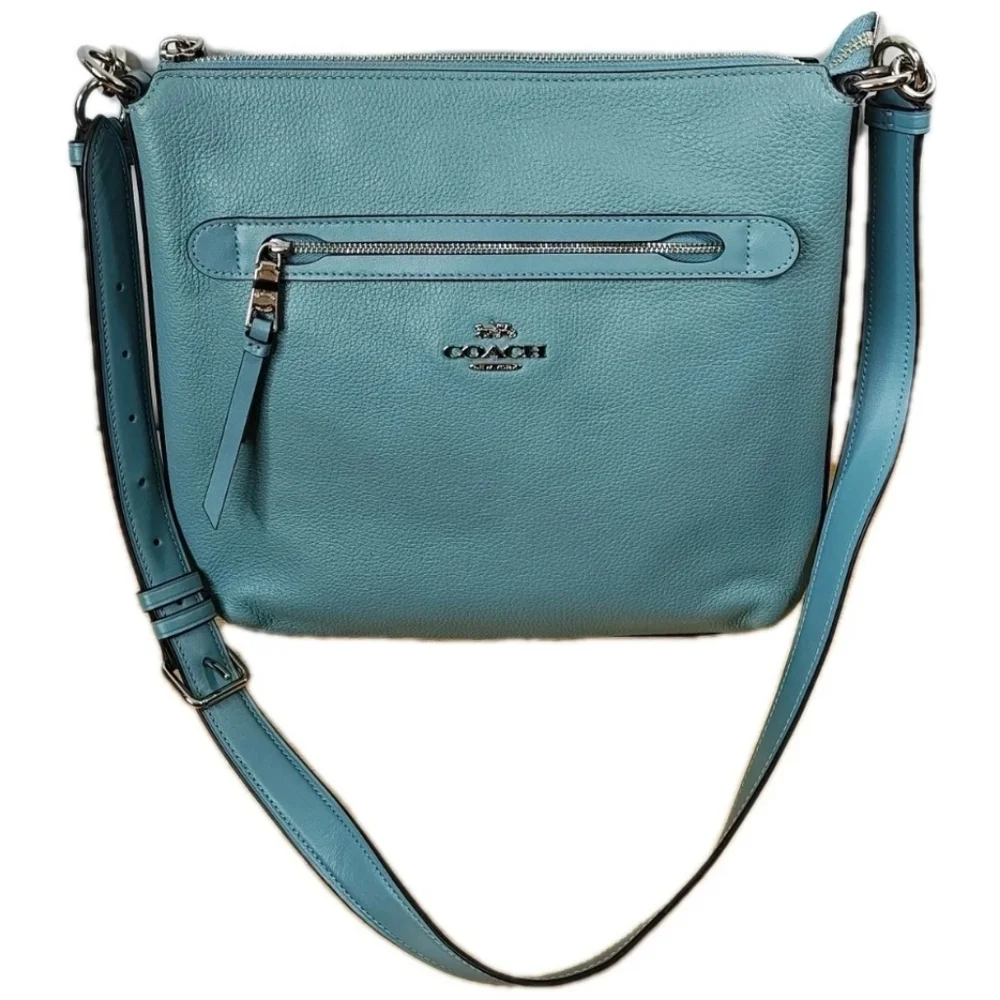 Coach Mae File Pebble Leather Purse Crossbody Denim Pacific Cloud Blue Spring